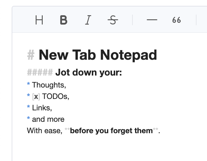 New Tab Notepad interface showing a clean notepad with formatting options and sample text